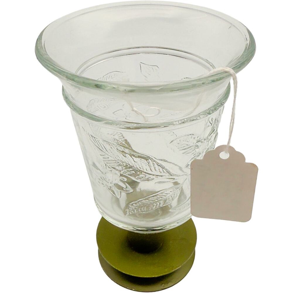Vintage Home Interiors Pressed Glass Floral Candle Holder w/Green Brass Base